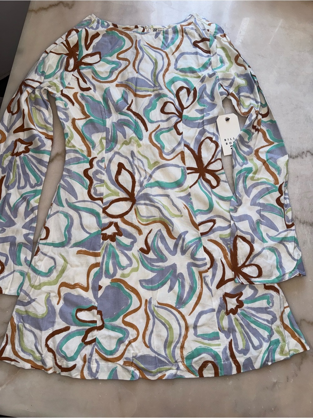 Billabong White Long Sleeve Mini Dress with Brown, Mint & Lavender Floral Print